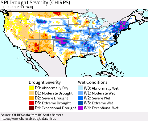 United States SPI Drought Severity (CHIRPS) Thematic Map For 7/1/2023 - 7/10/2023