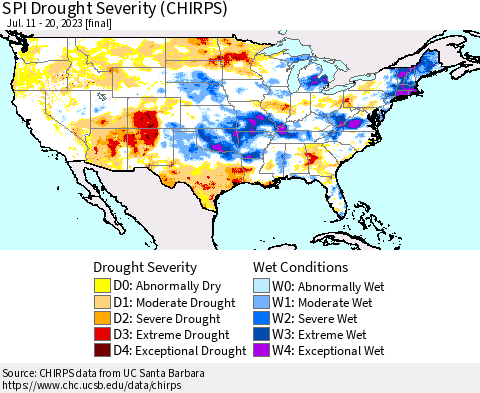 United States SPI Drought Severity (CHIRPS) Thematic Map For 7/11/2023 - 7/20/2023