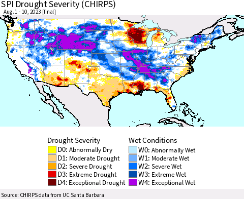 United States SPI Drought Severity (CHIRPS) Thematic Map For 8/1/2023 - 8/10/2023