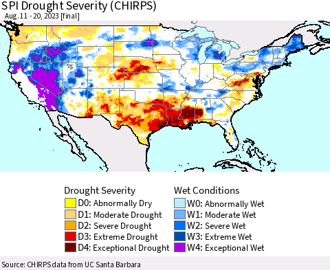 United States SPI Drought Severity (CHIRPS) Thematic Map For 8/11/2023 - 8/20/2023