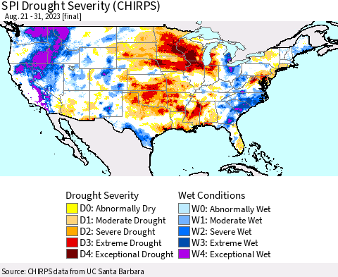 United States SPI Drought Severity (CHIRPS) Thematic Map For 8/21/2023 - 8/31/2023