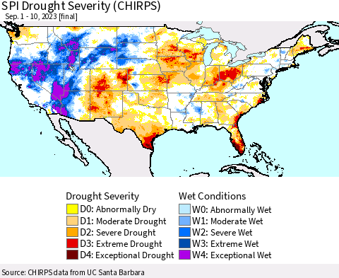 United States SPI Drought Severity (CHIRPS) Thematic Map For 9/1/2023 - 9/10/2023