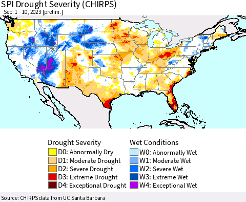 United States SPI Drought Severity (CHIRPS) Thematic Map For 9/1/2023 - 9/10/2023