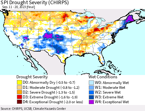 United States SPI Drought Severity (CHIRPS) Thematic Map For 9/11/2023 - 9/20/2023