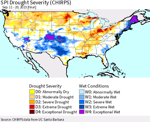United States SPI Drought Severity (CHIRPS) Thematic Map For 9/11/2023 - 9/20/2023