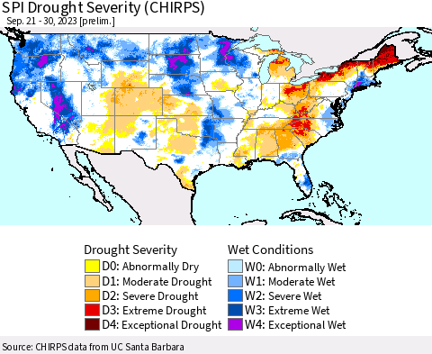 United States SPI Drought Severity (CHIRPS) Thematic Map For 9/21/2023 - 9/30/2023