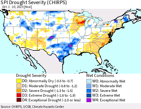 United States SPI Drought Severity (CHIRPS) Thematic Map For 10/1/2023 - 10/10/2023