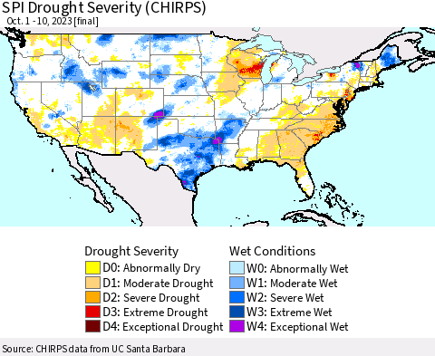 United States SPI Drought Severity (CHIRPS) Thematic Map For 10/1/2023 - 10/10/2023