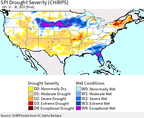 United States SPI Drought Severity (CHIRPS) Thematic Map For 10/11/2023 - 10/20/2023