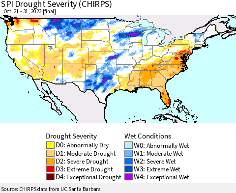 United States SPI Drought Severity (CHIRPS) Thematic Map For 10/21/2023 - 10/31/2023