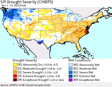 United States SPI Drought Severity (CHIRPS) Thematic Map For 11/1/2023 - 11/10/2023