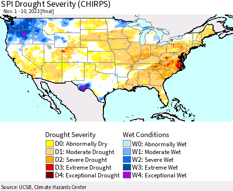 United States SPI Drought Severity (CHIRPS) Thematic Map For 11/1/2023 - 11/10/2023