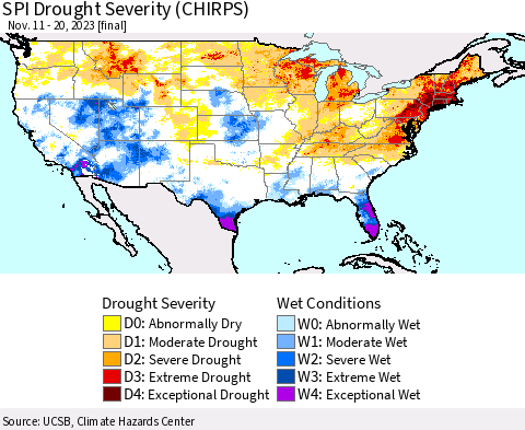United States SPI Drought Severity (CHIRPS) Thematic Map For 11/11/2023 - 11/20/2023