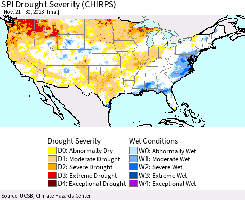 United States SPI Drought Severity (CHIRPS) Thematic Map For 11/21/2023 - 11/30/2023