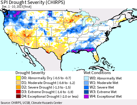 United States SPI Drought Severity (CHIRPS) Thematic Map For 12/1/2023 - 12/10/2023