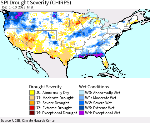 United States SPI Drought Severity (CHIRPS) Thematic Map For 12/1/2023 - 12/10/2023