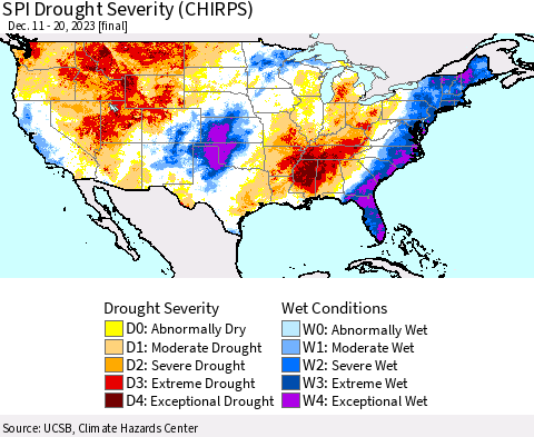 United States SPI Drought Severity (CHIRPS) Thematic Map For 12/11/2023 - 12/20/2023
