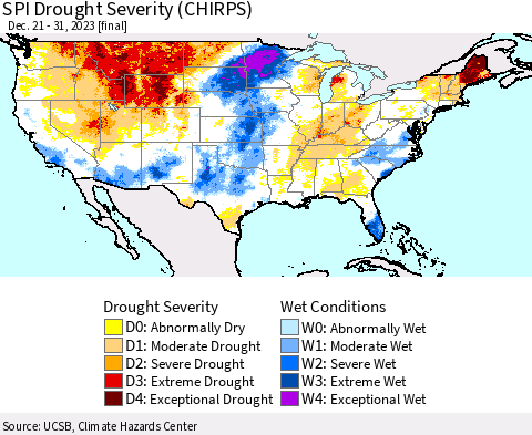 United States SPI Drought Severity (CHIRPS) Thematic Map For 12/21/2023 - 12/31/2023
