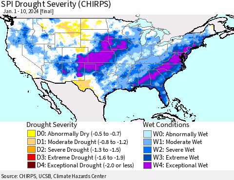 United States SPI Drought Severity (CHIRPS) Thematic Map For 1/1/2024 - 1/10/2024