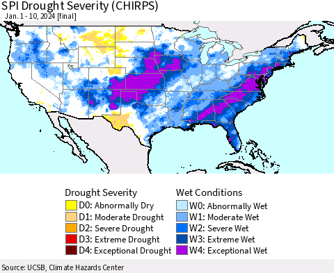 United States SPI Drought Severity (CHIRPS) Thematic Map For 1/1/2024 - 1/10/2024
