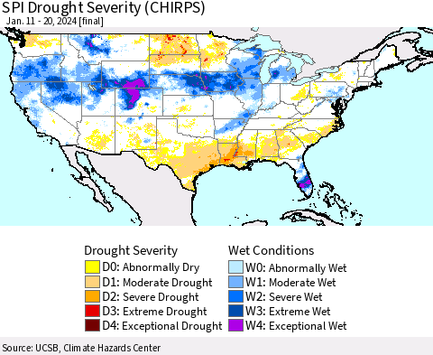 United States SPI Drought Severity (CHIRPS) Thematic Map For 1/11/2024 - 1/20/2024