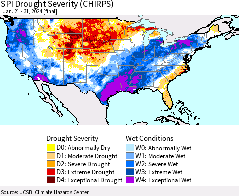 United States SPI Drought Severity (CHIRPS) Thematic Map For 1/21/2024 - 1/31/2024