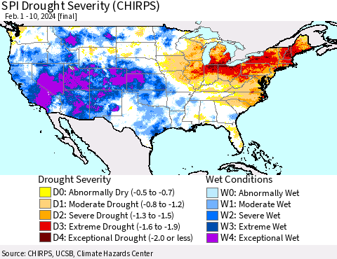 United States SPI Drought Severity (CHIRPS) Thematic Map For 2/1/2024 - 2/10/2024