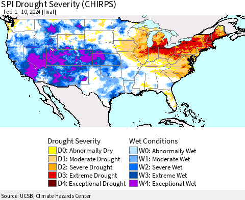 United States SPI Drought Severity (CHIRPS) Thematic Map For 2/1/2024 - 2/10/2024