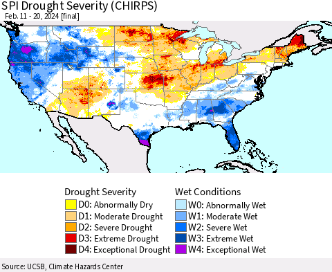 United States SPI Drought Severity (CHIRPS) Thematic Map For 2/11/2024 - 2/20/2024