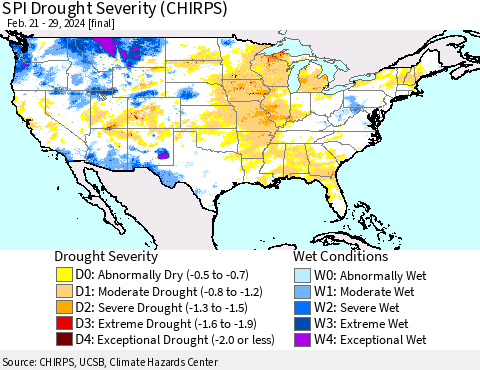 United States SPI Drought Severity (CHIRPS) Thematic Map For 2/21/2024 - 2/29/2024