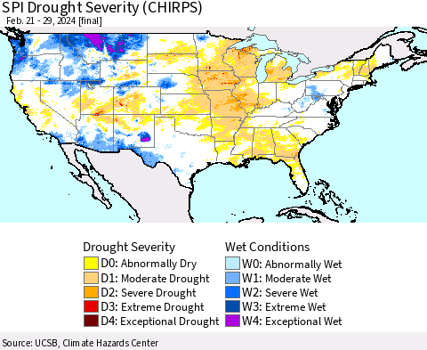 United States SPI Drought Severity (CHIRPS) Thematic Map For 2/21/2024 - 2/29/2024