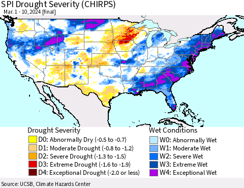 United States SPI Drought Severity (CHIRPS) Thematic Map For 3/1/2024 - 3/10/2024