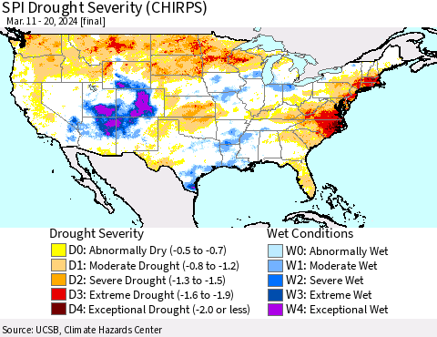 United States SPI Drought Severity (CHIRPS) Thematic Map For 3/11/2024 - 3/20/2024