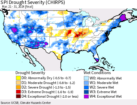 United States SPI Drought Severity (CHIRPS) Thematic Map For 3/21/2024 - 3/31/2024