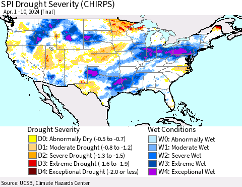 United States SPI Drought Severity (CHIRPS) Thematic Map For 4/1/2024 - 4/10/2024