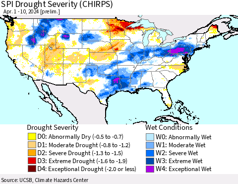 United States SPI Drought Severity (CHIRPS) Thematic Map For 4/1/2024 - 4/10/2024