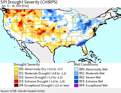 United States SPI Drought Severity (CHIRPS) Thematic Map For 4/11/2024 - 4/20/2024