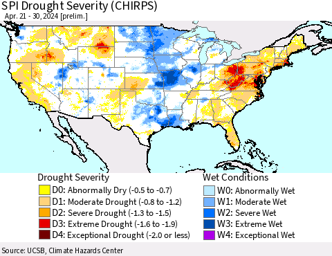 United States SPI Drought Severity (CHIRPS) Thematic Map For 4/21/2024 - 4/30/2024