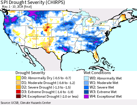 United States SPI Drought Severity (CHIRPS) Thematic Map For 5/1/2024 - 5/10/2024