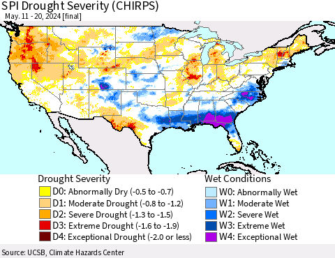 United States SPI Drought Severity (CHIRPS) Thematic Map For 5/11/2024 - 5/20/2024