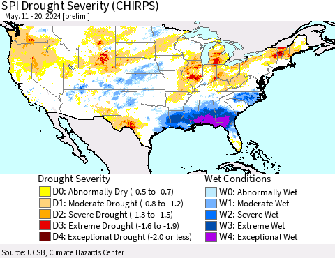 United States SPI Drought Severity (CHIRPS) Thematic Map For 5/11/2024 - 5/20/2024