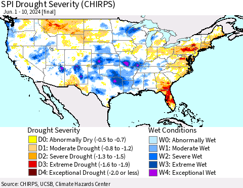United States SPI Drought Severity (CHIRPS) Thematic Map For 6/1/2024 - 6/10/2024