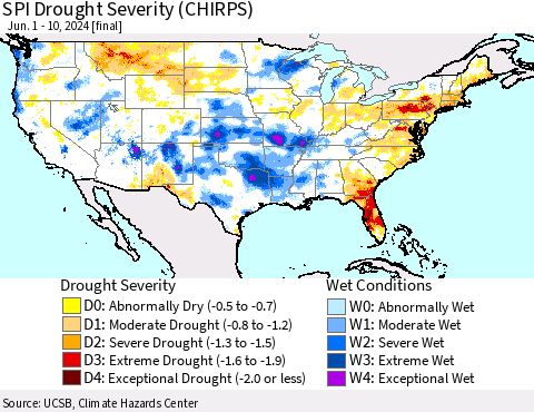 United States SPI Drought Severity (CHIRPS) Thematic Map For 6/1/2024 - 6/10/2024