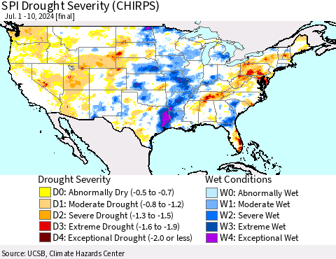 United States SPI Drought Severity (CHIRPS) Thematic Map For 7/1/2024 - 7/10/2024