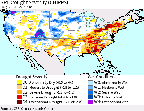 United States SPI Drought Severity (CHIRPS) Thematic Map For 8/21/2024 - 8/31/2024
