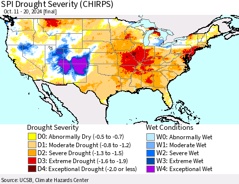 United States SPI Drought Severity (CHIRPS) Thematic Map For 10/11/2024 - 10/20/2024