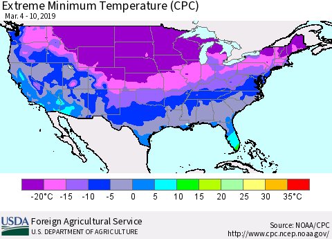 United States Minimum Daily Temperature (CPC) Thematic Map For 3/4/2019 - 3/10/2019