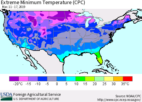 United States Minimum Daily Temperature (CPC) Thematic Map For 3/11/2019 - 3/17/2019