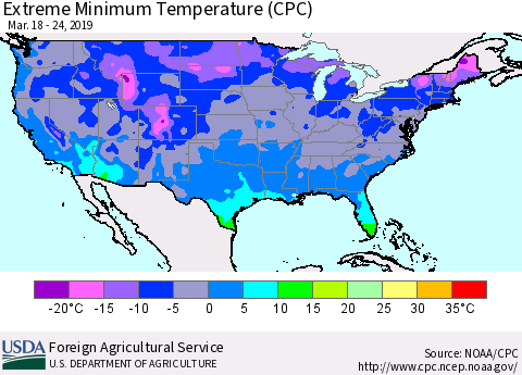 United States Minimum Daily Temperature (CPC) Thematic Map For 3/18/2019 - 3/24/2019