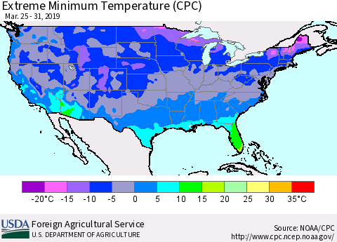 United States Minimum Daily Temperature (CPC) Thematic Map For 3/25/2019 - 3/31/2019